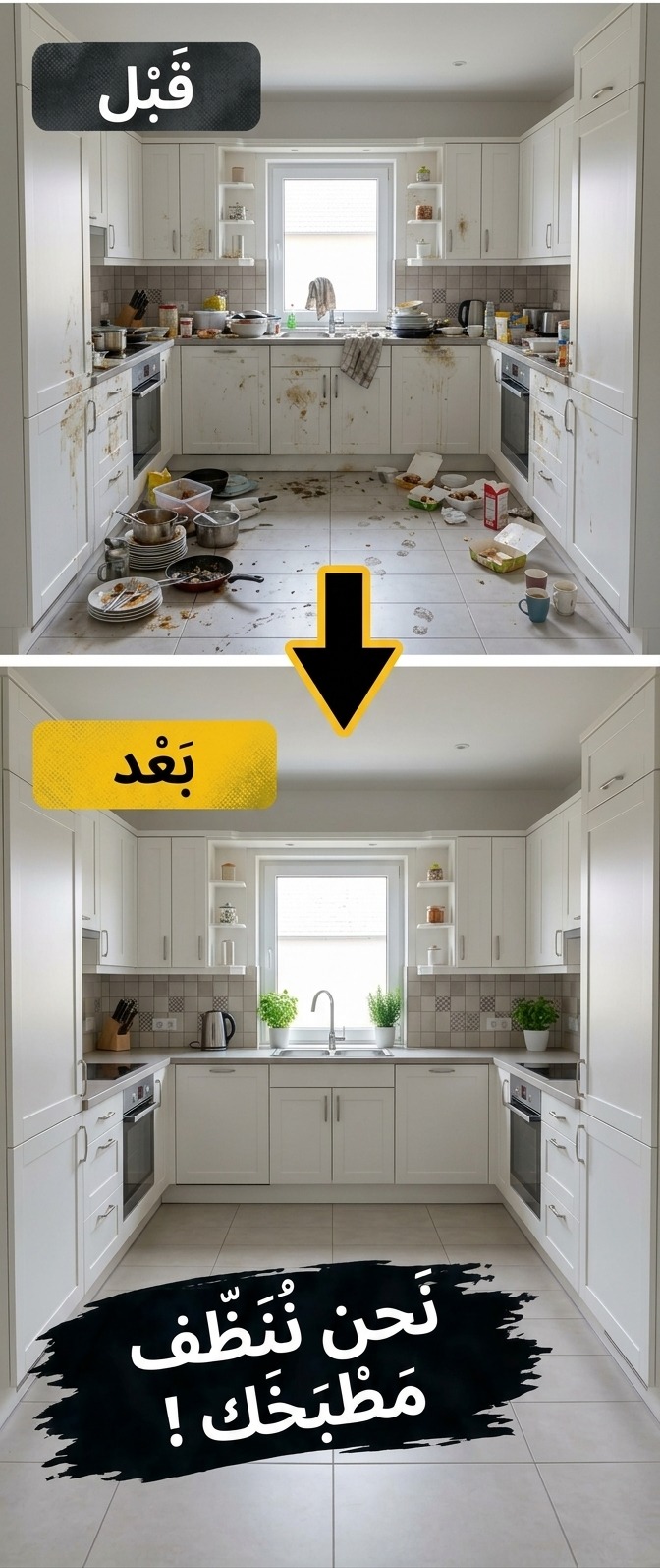 صورة مقدّمة توضح مطبخاً قبل التنظيف وبعده