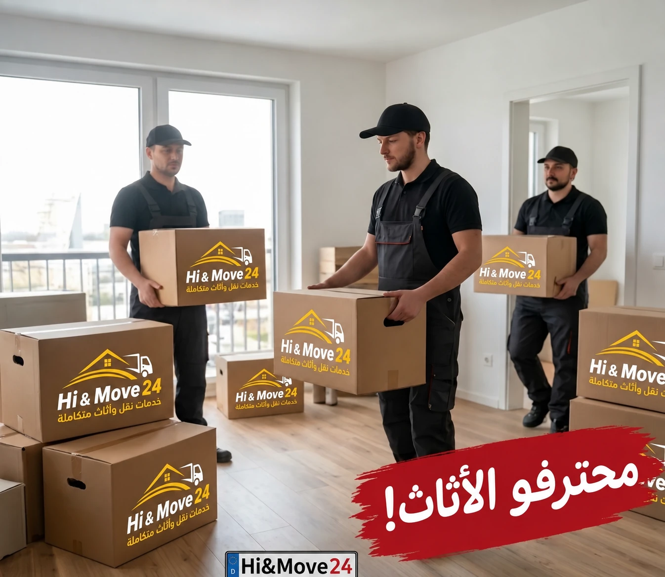 صورة إعلانية: عمّال نقل يحملون صناديق داخل شقة