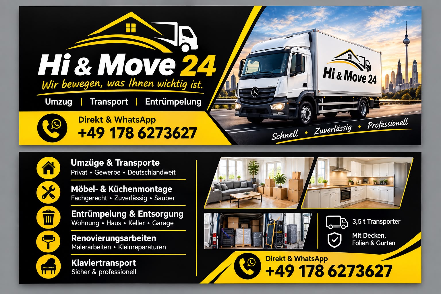 HI&Move24-Werbegrafik mit Umzugsfahrzeug für Umzug, Transport und Entrümpelung