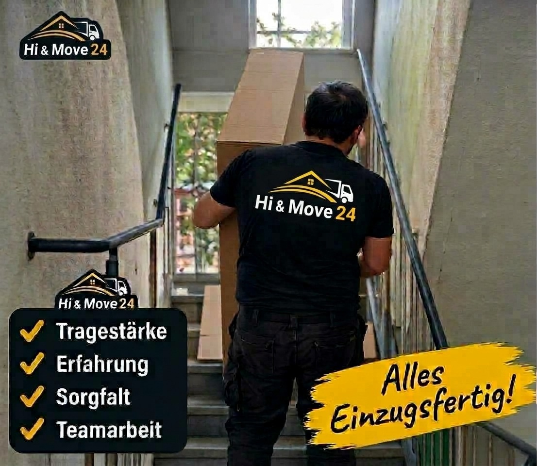 Werbemotiv: Umzugshelfer mit Karton im Treppenhaus